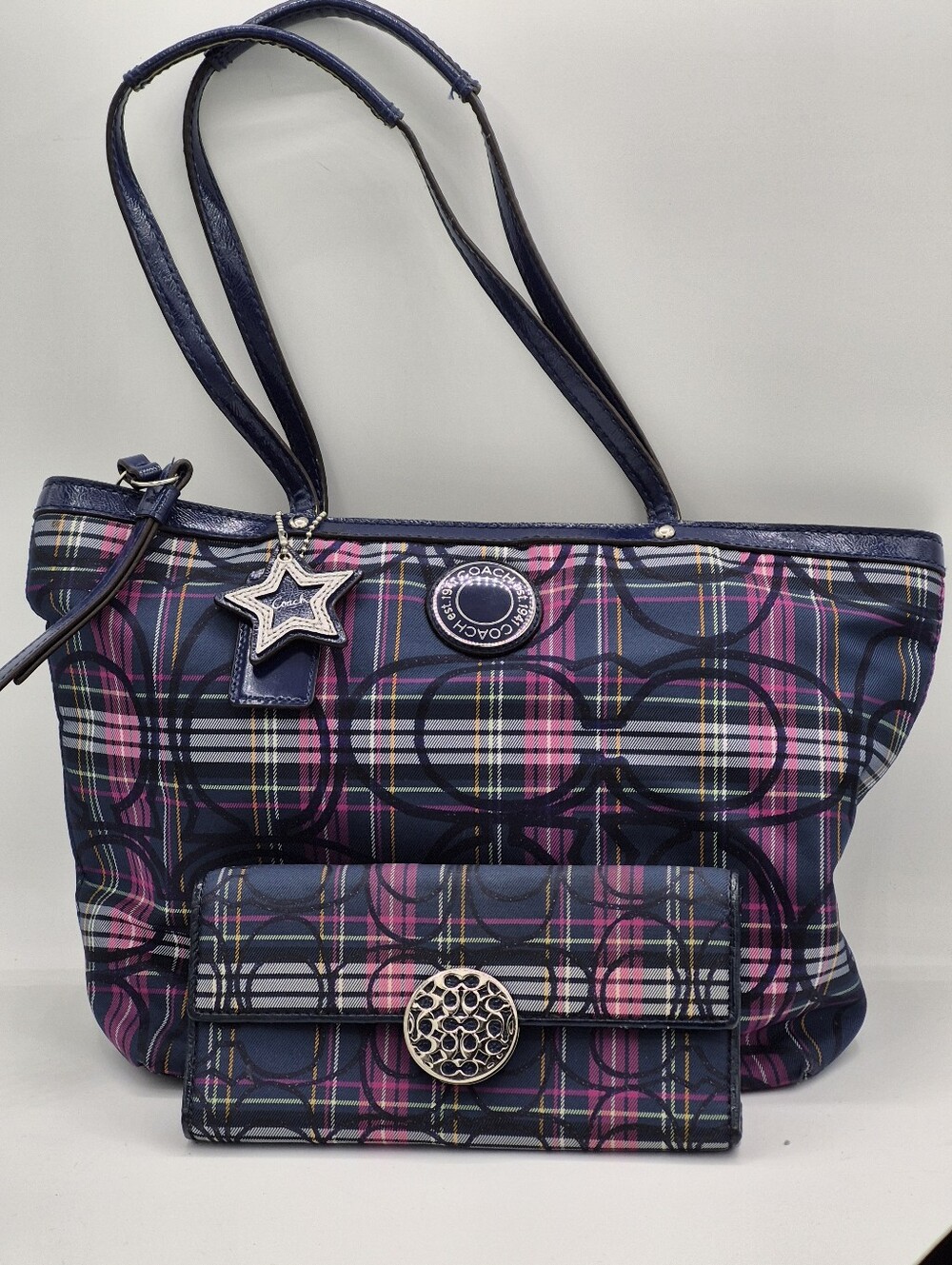 Coach Poppy Plaid Tartan Signature Tote With Matching Wallet